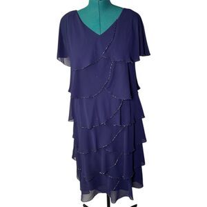 Patra Navy Tiered Evening Dress w/ Beaded Scallop Layers Size 18